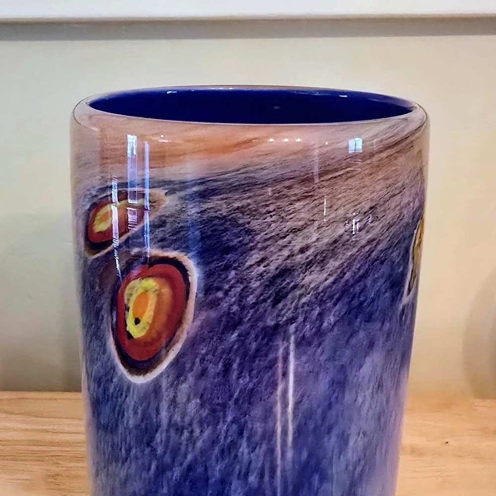 Small funky unusual, 4x7" Blue glass vase with orange and yellow circular motifs